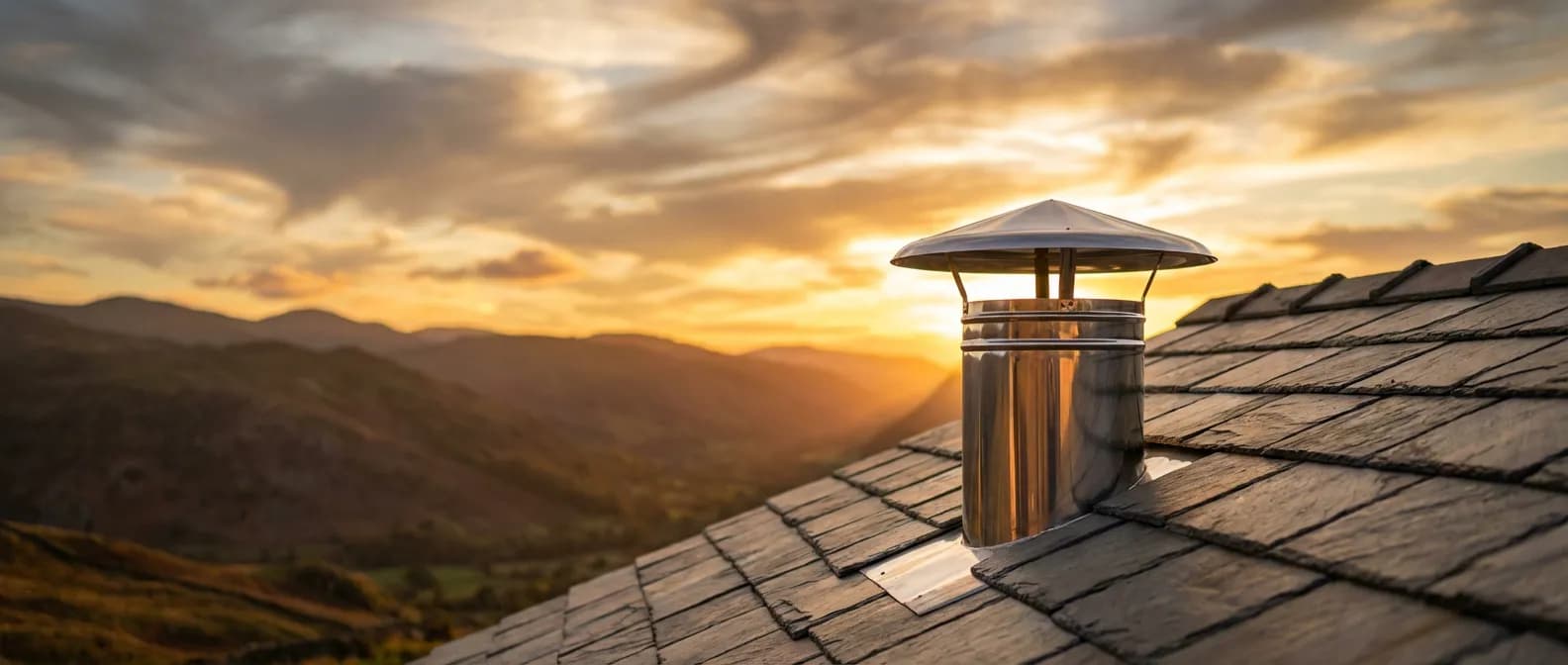 Chapeau de cheminée anti-refoulement installé sur un toit élégant au coucher du soleil