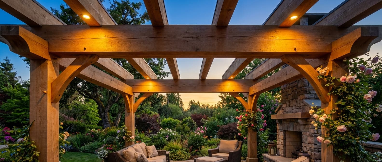 Installation de spots extérieurs sur les poutres d'une pergola en bois dans un jardin.