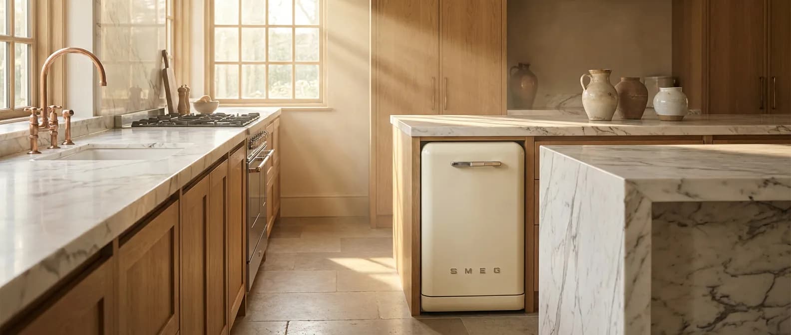 Lave-vaisselle Smeg au design rétro dans une cuisine de luxe lumineuse