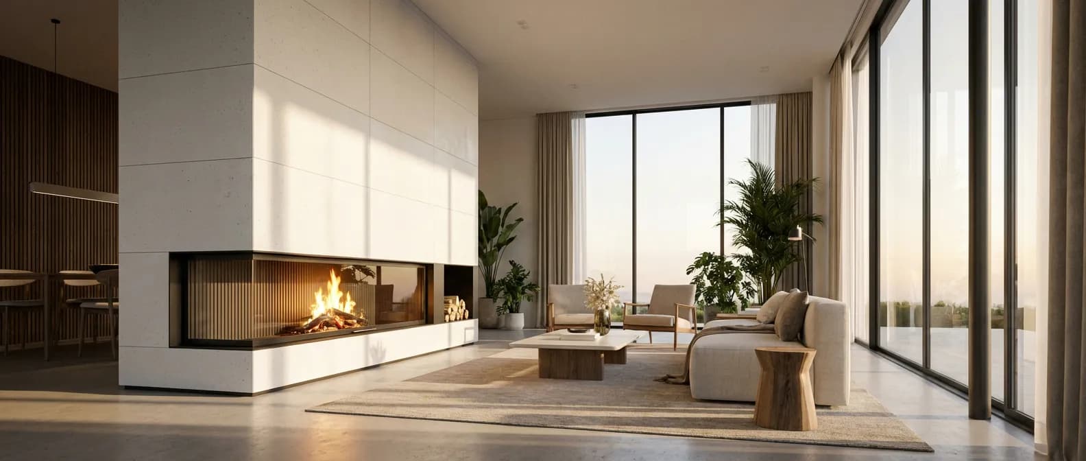 Cheminée design moderne avec habillage en béton cellulaire dans un salon luxueux