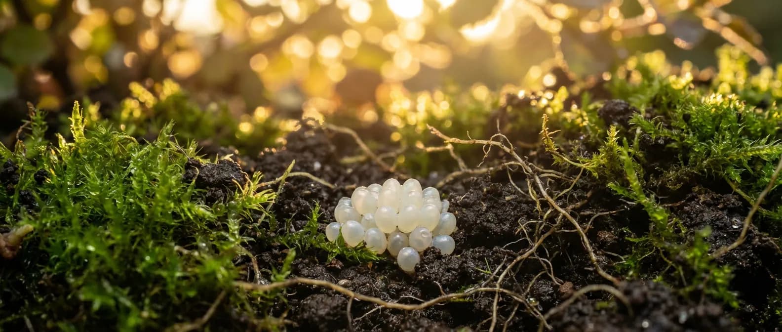 Vue cinématographique de petits œufs blancs nichés dans une terre de jardin humide sous une lumière dorée