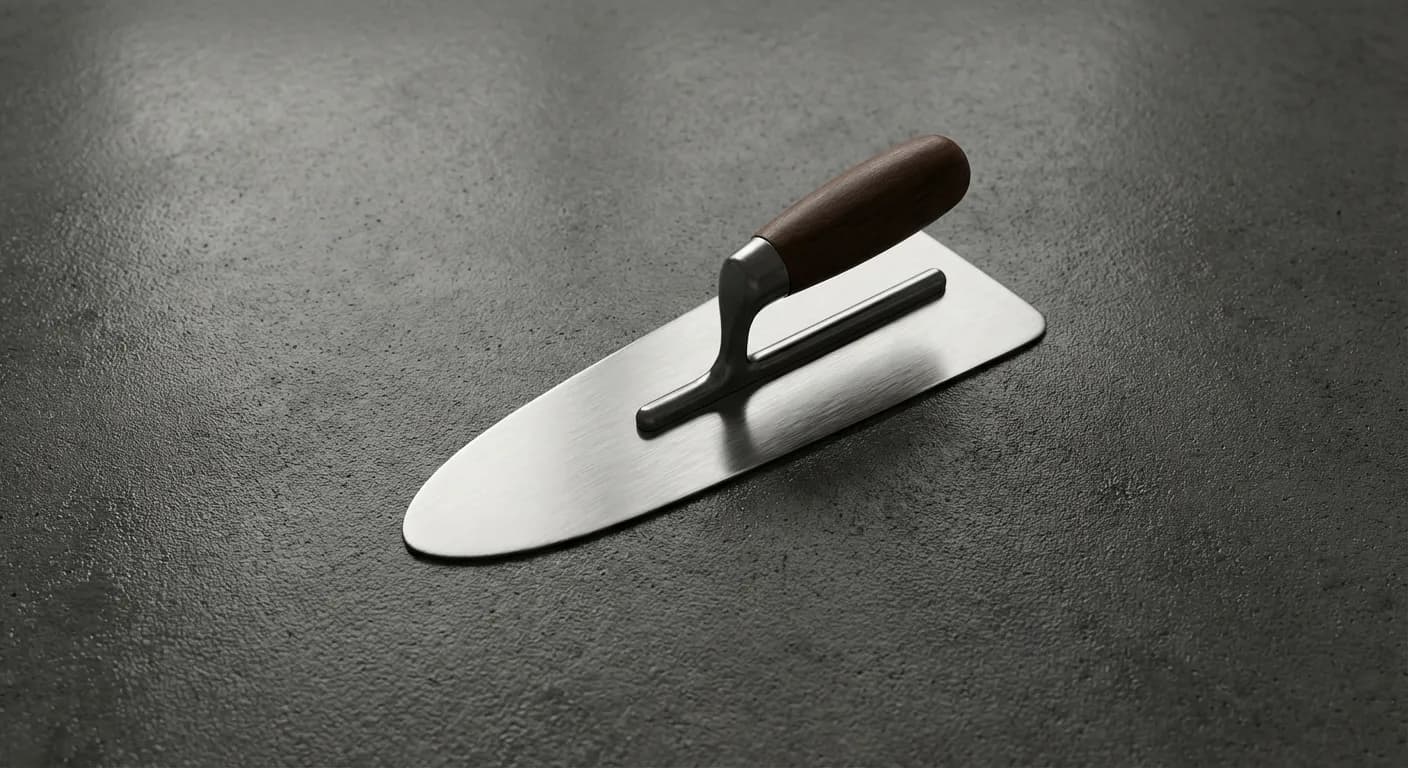 Vue rapprochée minimaliste d'une truelle de maçon sur du béton frais.