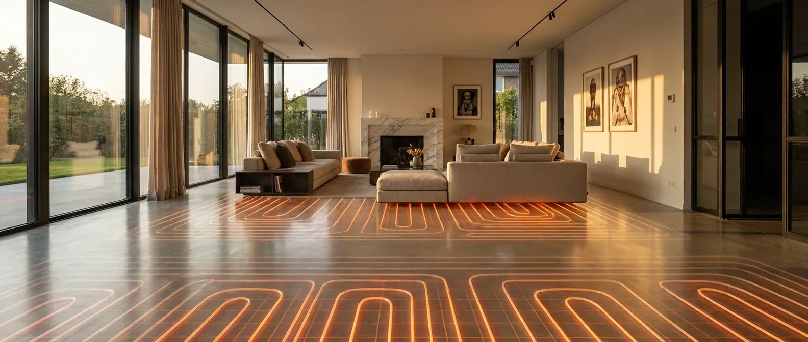 Vue cinématique d'un salon moderne montrant les circuits de chauffage invisibles sous la dalle par imagerie thermique