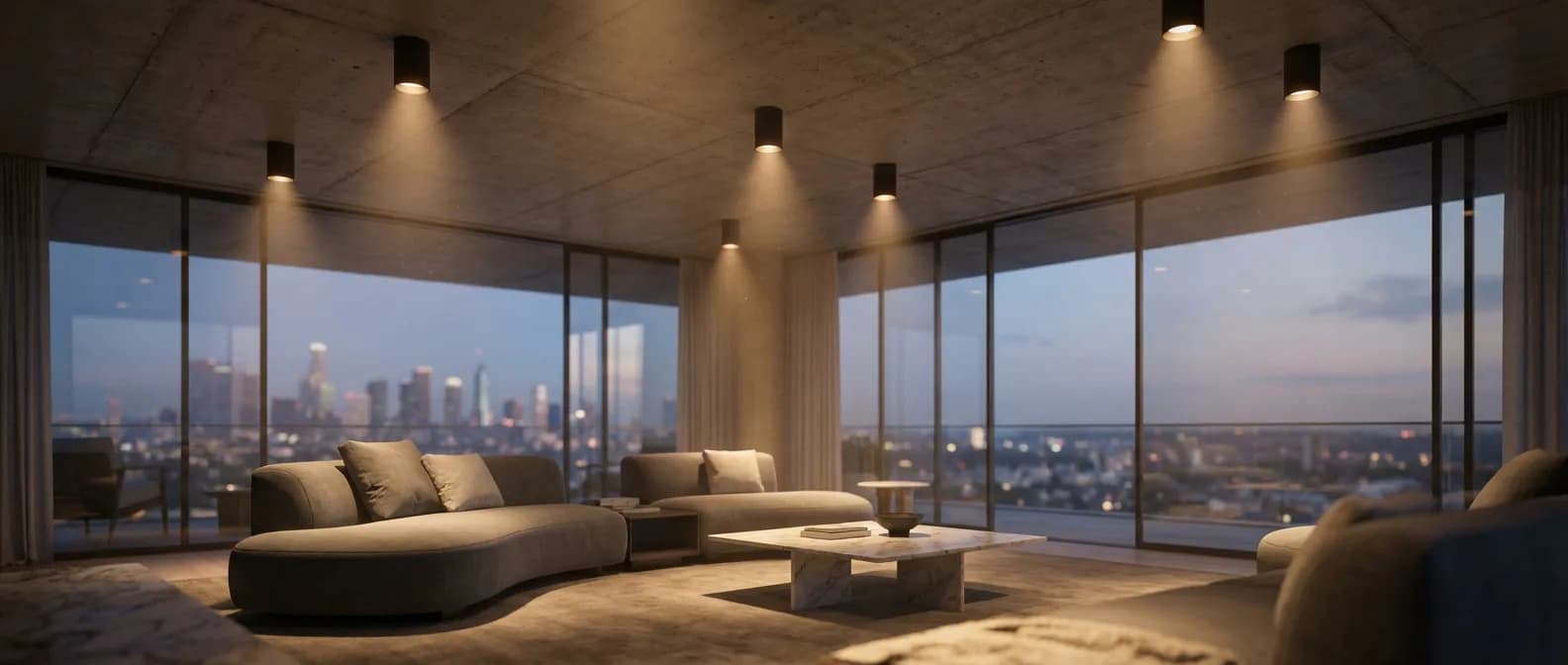 Salon moderne luxueux avec des spots en saillie sur un plafond en béton brut