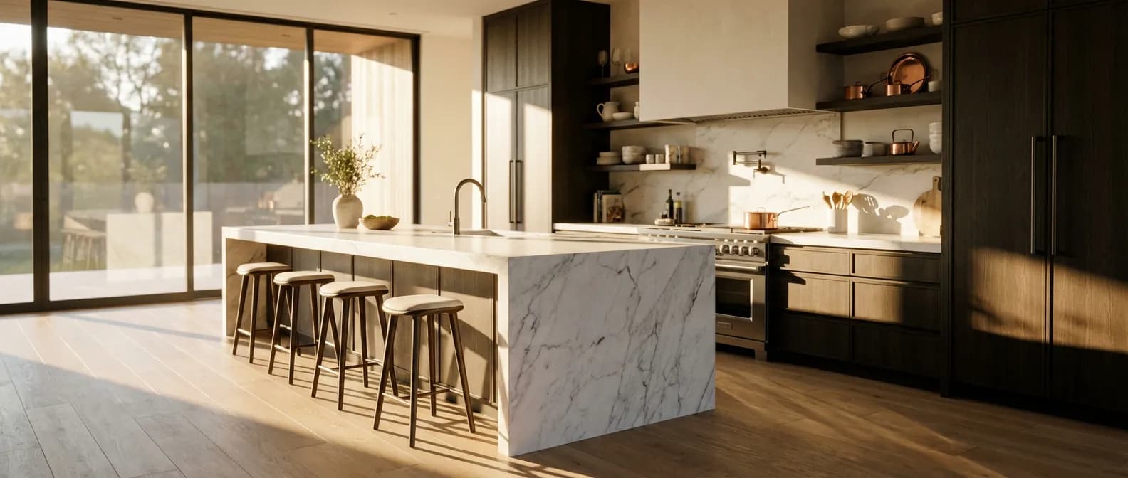 Plan de travail de cuisine luxueux en marbre blanc baigné par la lumière du matin