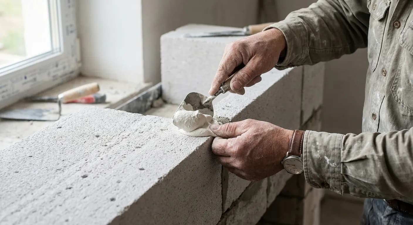 Pose de blocs de béton cellulaire pour la création d'un coffrage de cheminée