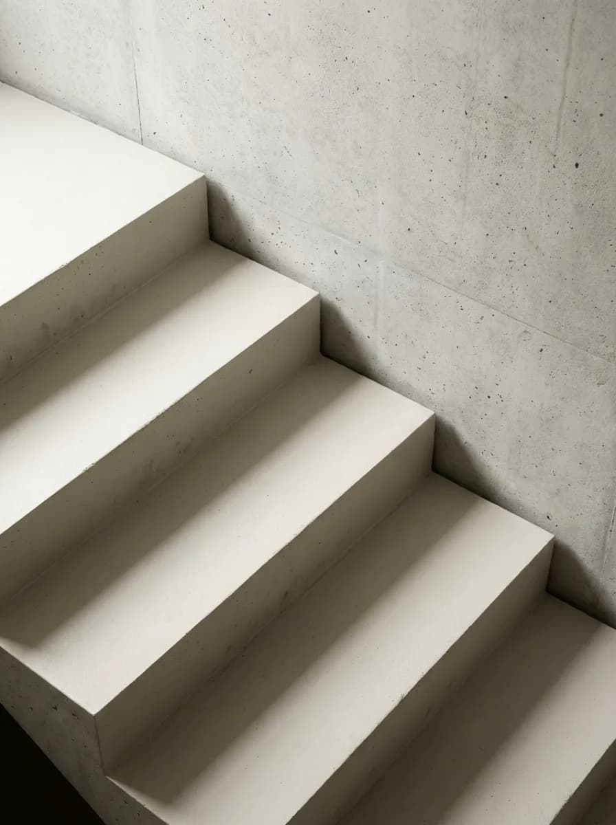 Vue minimaliste de marches d'escalier en béton peint blanc.