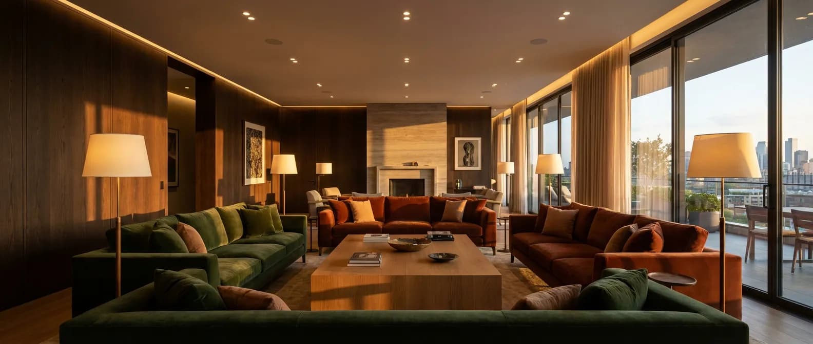 Éclairage chaleureux et sophistiqué dans un salon moderne haut de gamme