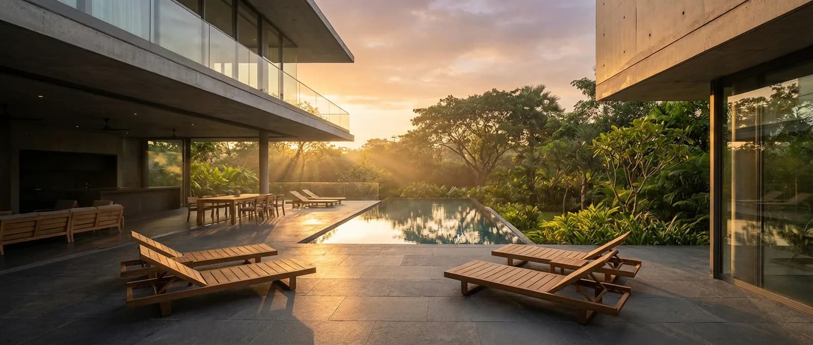 Aménagement d'une terrasse extérieure moderne et luxueuse avec mobilier design au coucher du soleil