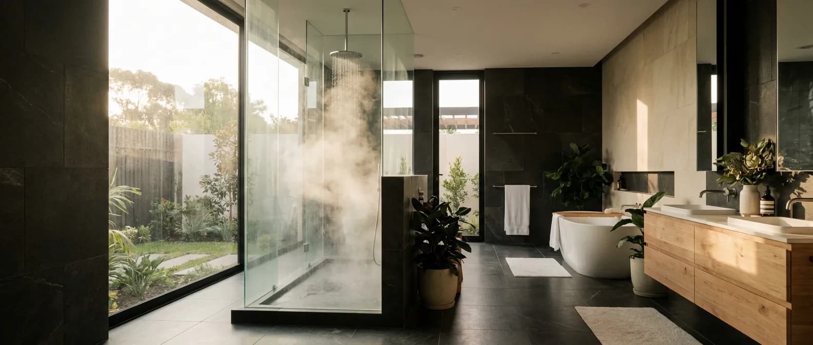 Salle de bain de luxe avec une douche à l'italienne moderne style Kinedo
