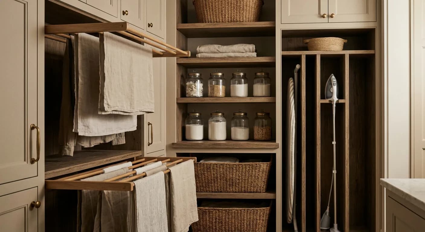 Détails des rangements intelligents pour une buanderie compacte