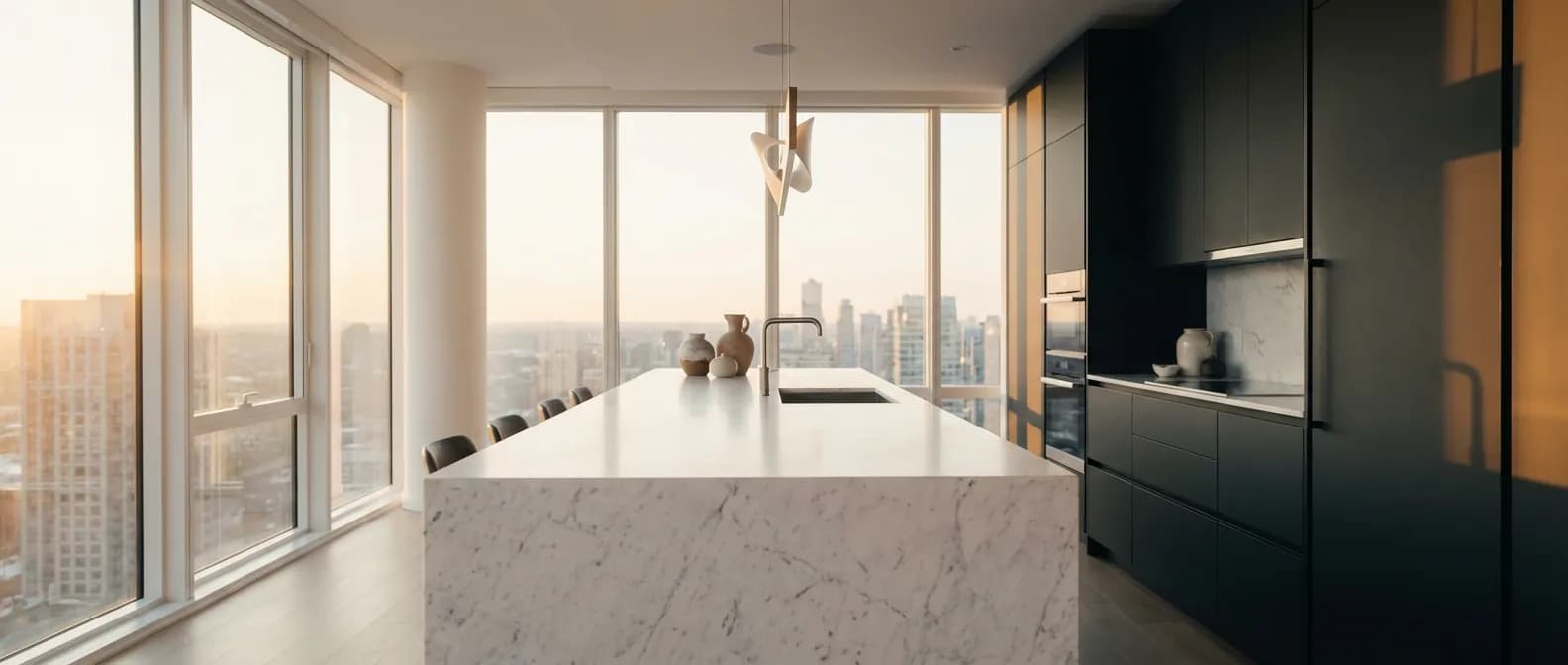 Vue panoramique d'une cuisine de luxe moderne signée Cuisines Elite avec îlot central en marbre.