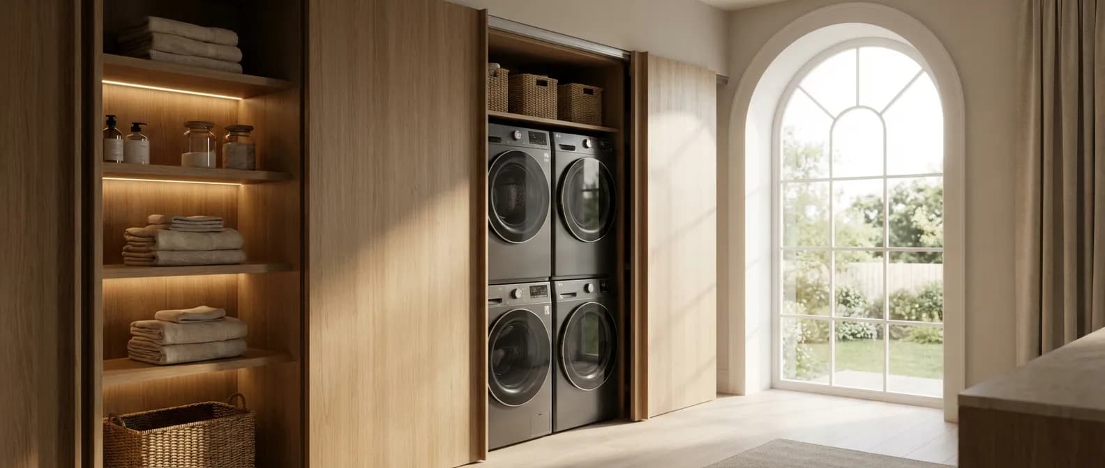 Aménagement luxueux d'une buanderie intégrée dans un placard en chêne