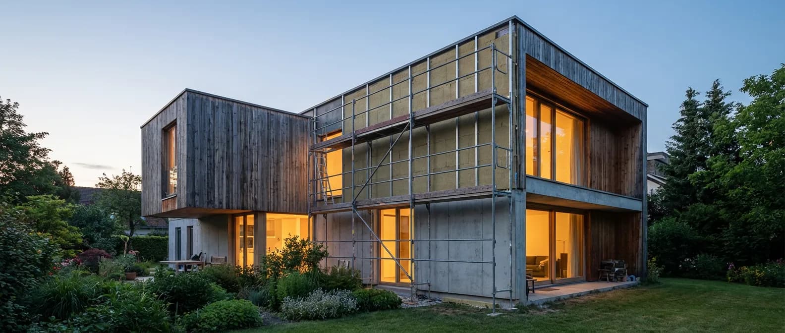 Maison moderne en cours de rénovation avec isolation thermique par l'extérieur au lever du soleil