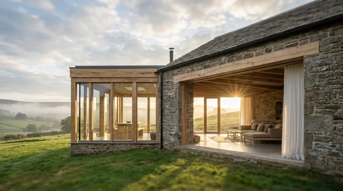 Une maison ancienne magnifiquement rénovée alliant pierre naturelle et architecture moderne et durable sous une lumière matinale.