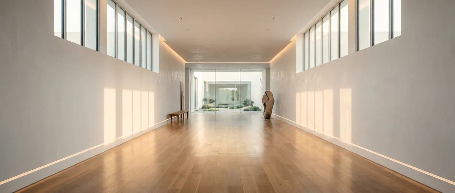 Vue cinématique d'un couloir moderne luxueux soulignant la perspective et l'espace.