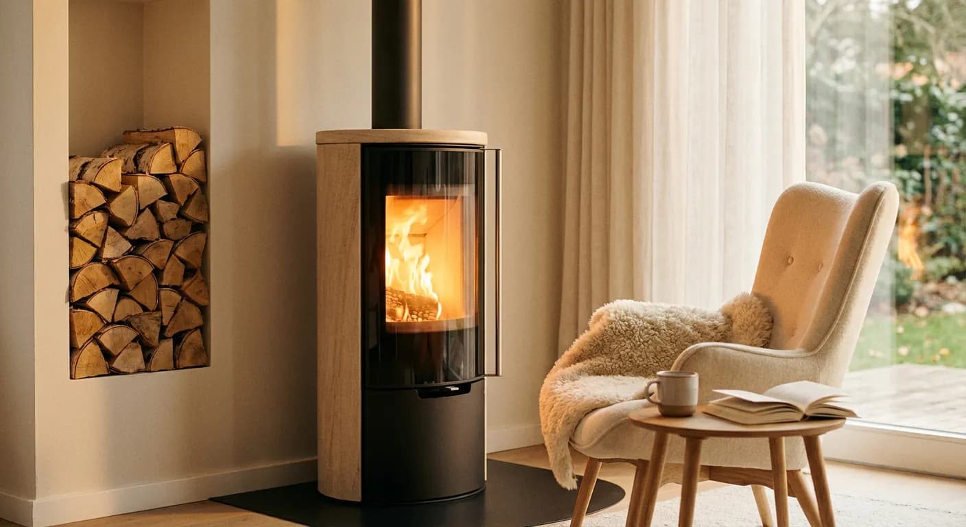 Ambiance chaleureuse dans un coin lecture avec un poêle Max Blank
