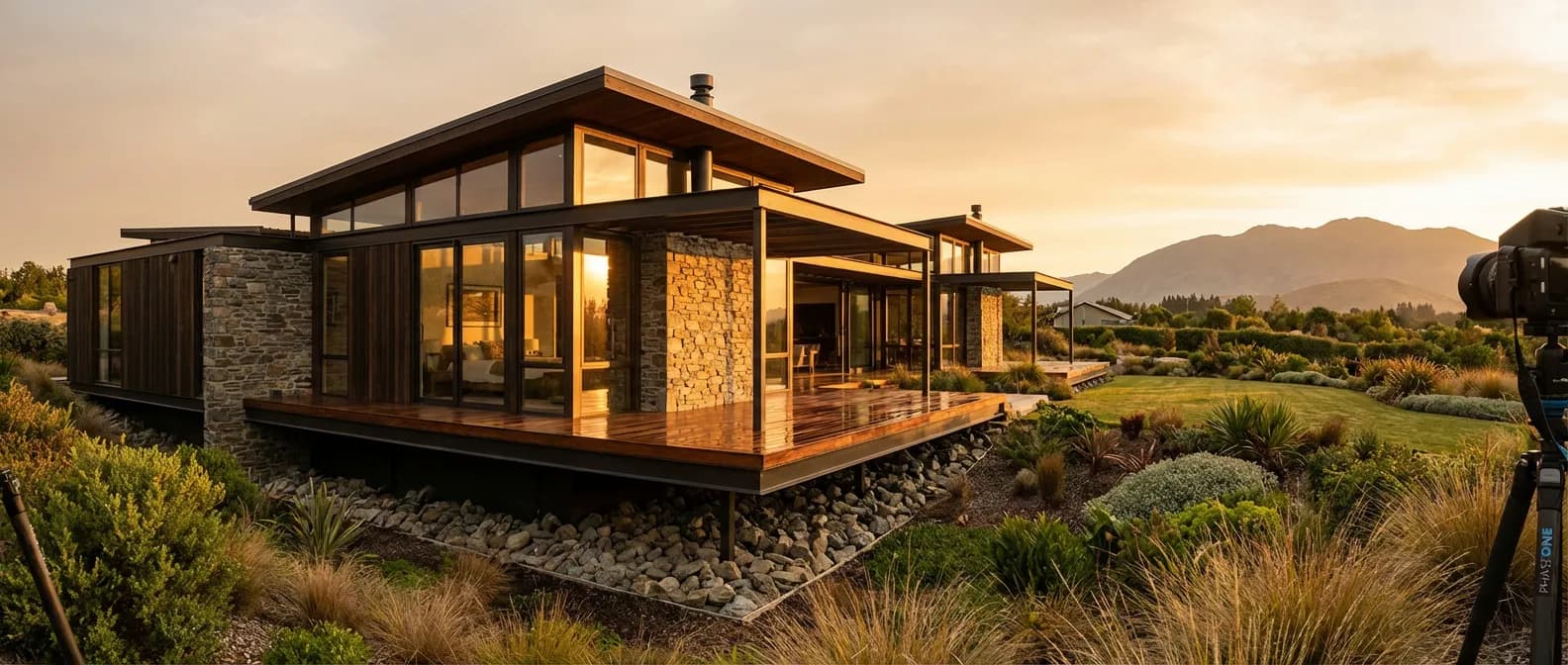Terrasse surélevée moderne sur vide sanitaire avec jardin paysager au coucher du soleil