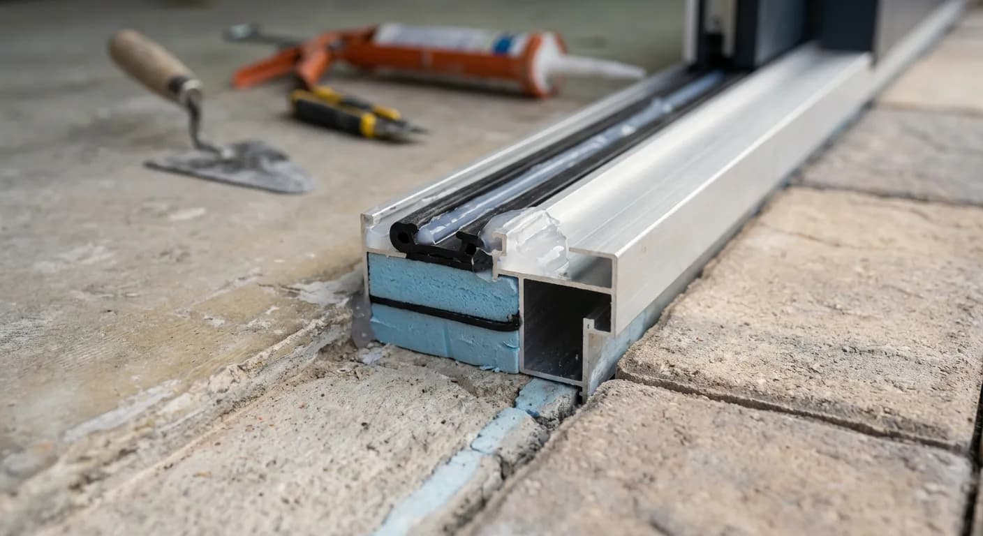 Détails techniques et macro d'une rénovation d'étanchéité sur un rail de porte coulissante