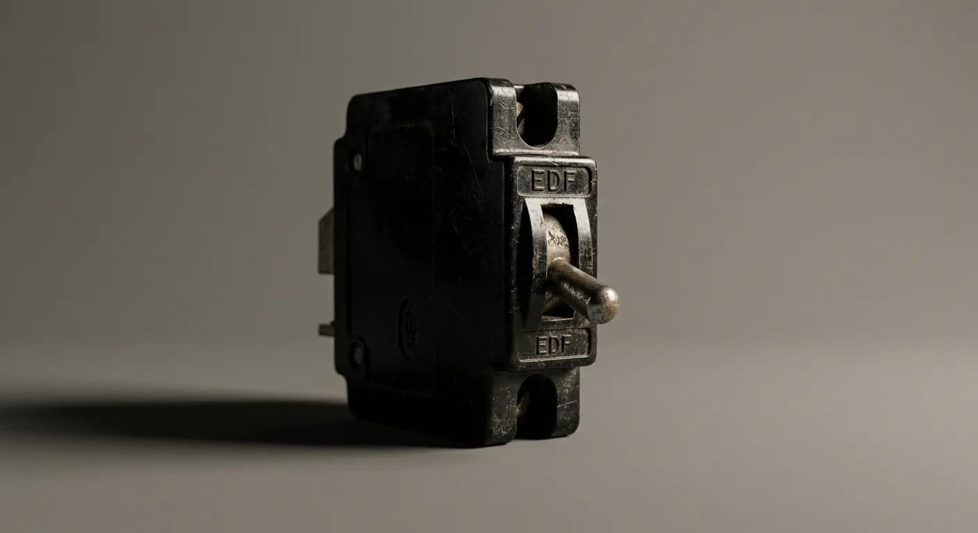 Gros plan iconique d'un disjoncteur EDF noir classique sur fond neutre et contrasté