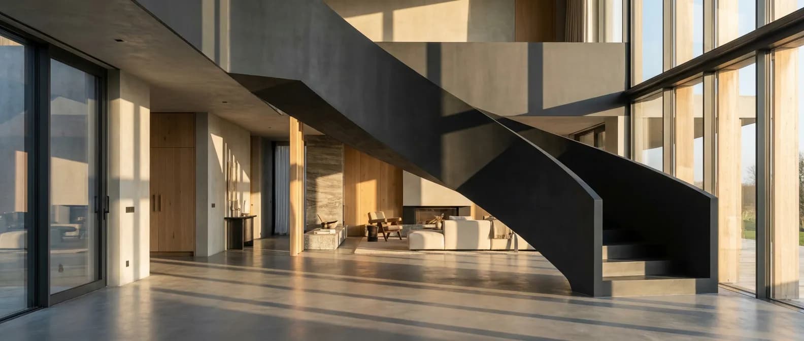 Escalier en béton peint gris anthracite dans un intérieur moderne et lumineux au design minimaliste.