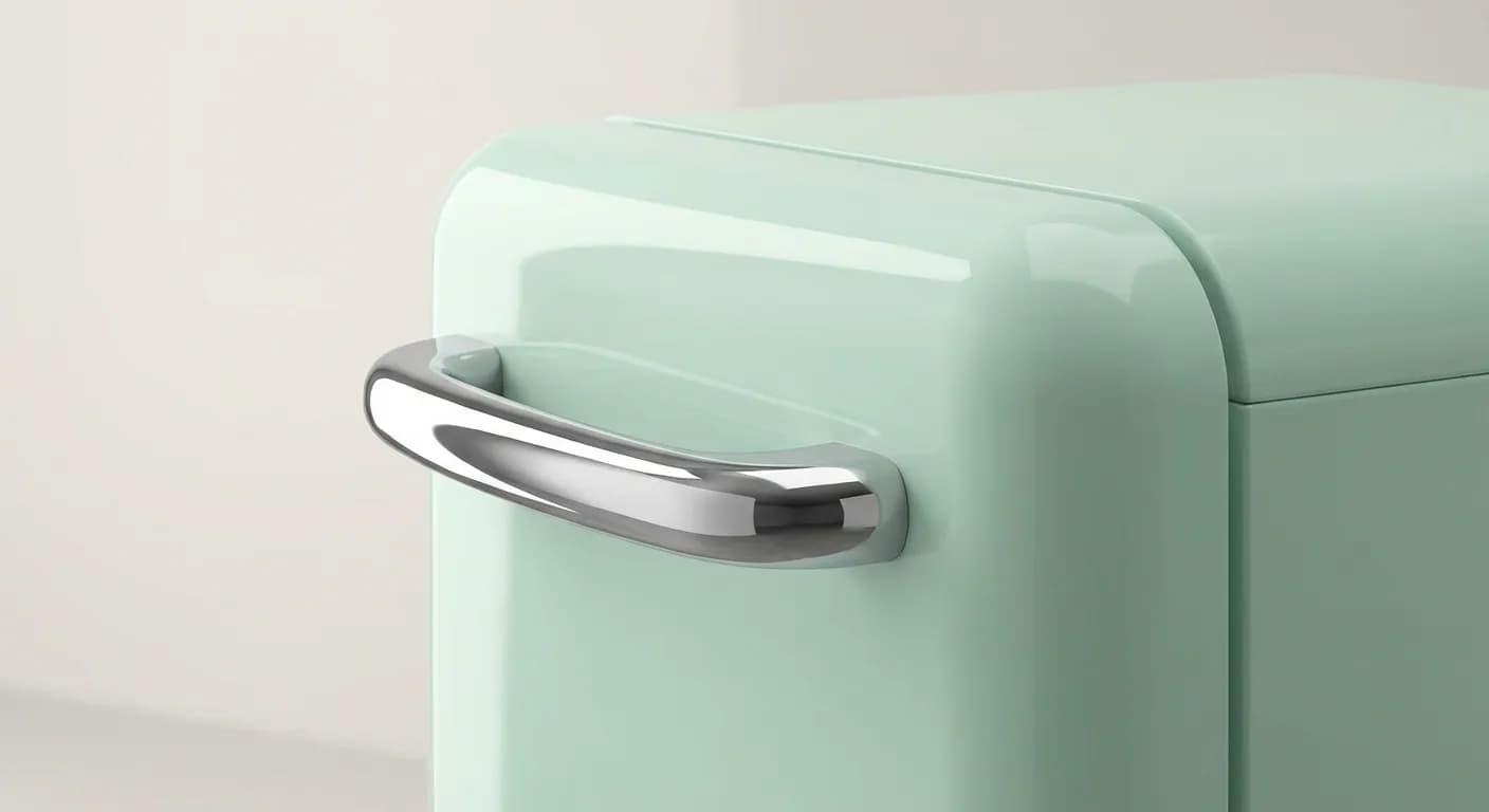 Détail de la poignée chromée d'un lave-vaisselle Smeg rétro