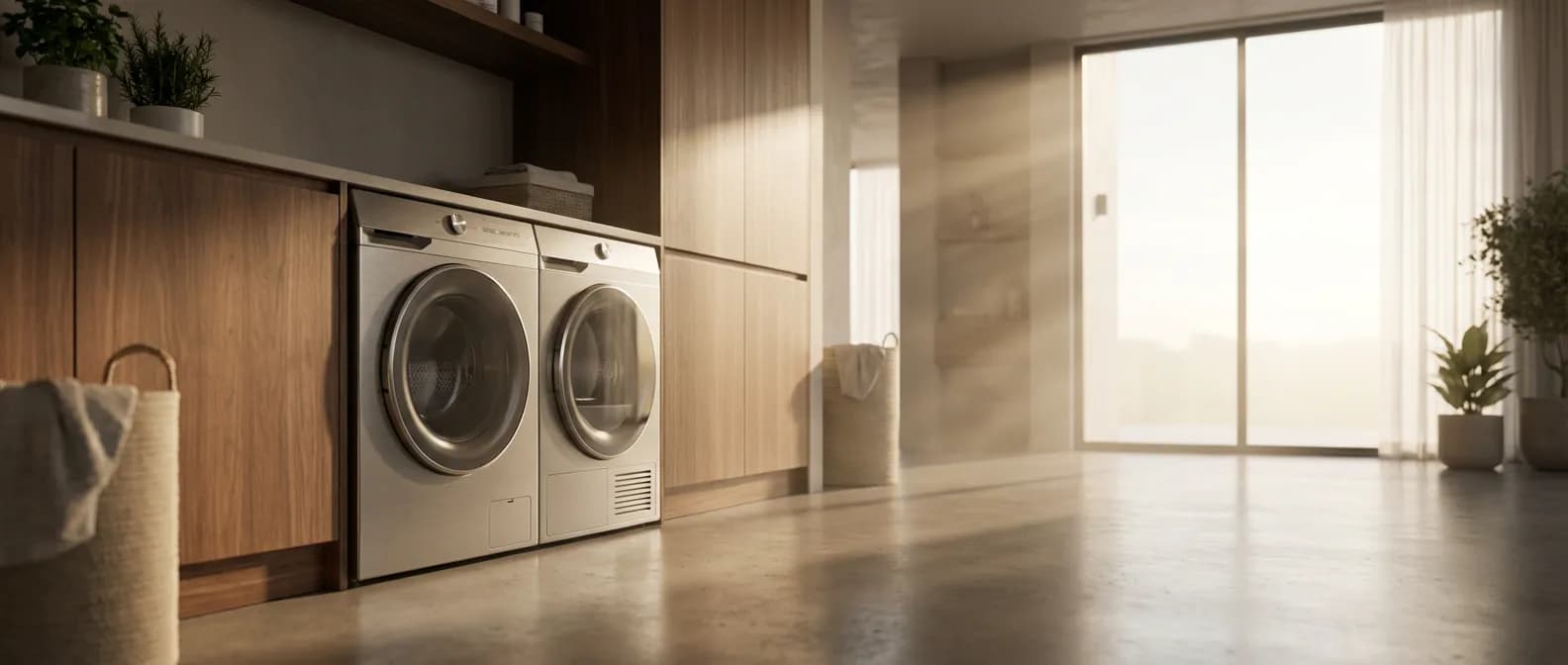 Machine à laver moderne installée dans une buanderie de luxe avec éclairage naturel