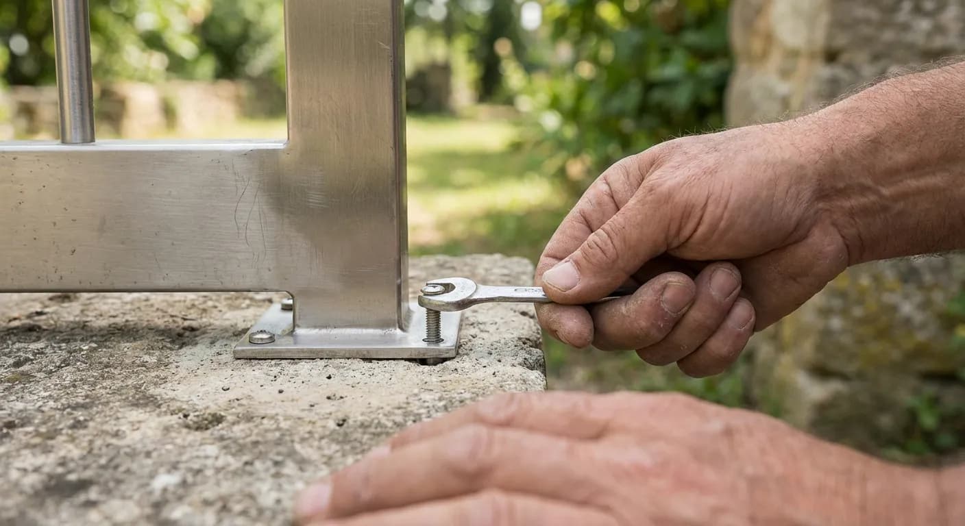 Artisan ajustant la hauteur d'un sabot de portail scellé