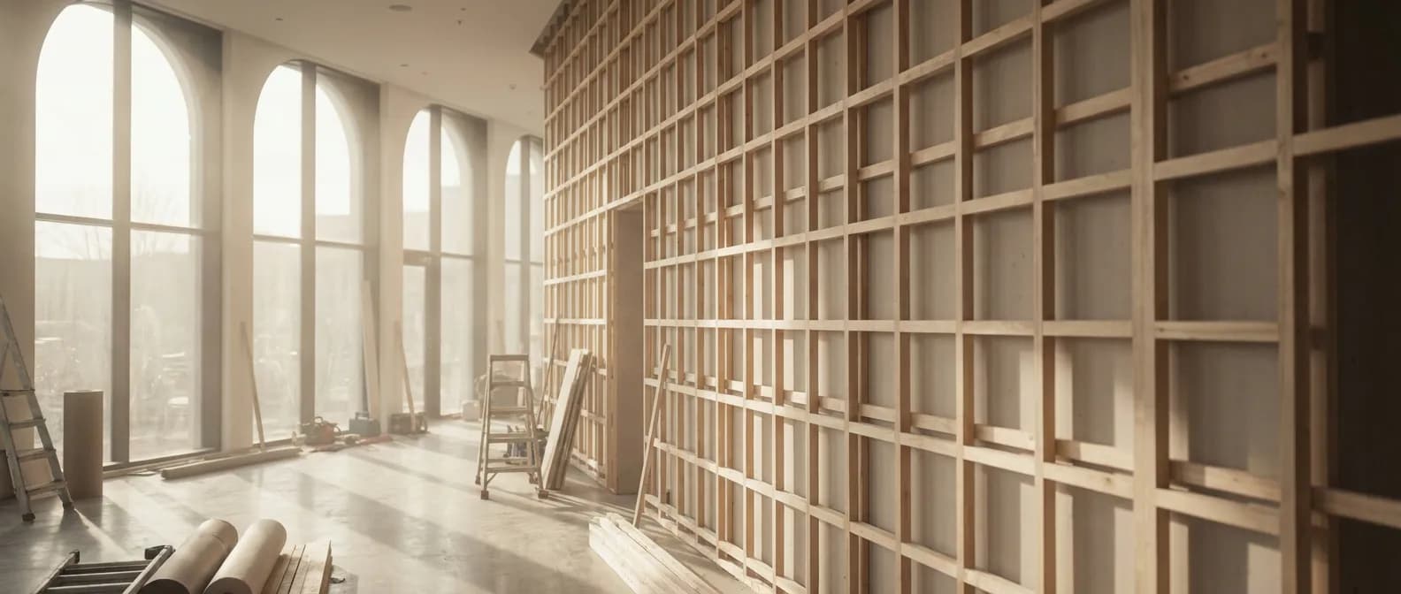 Installation professionnelle d'une ossature en tasseaux bois pour plaques de plâtre dans un intérieur moderne