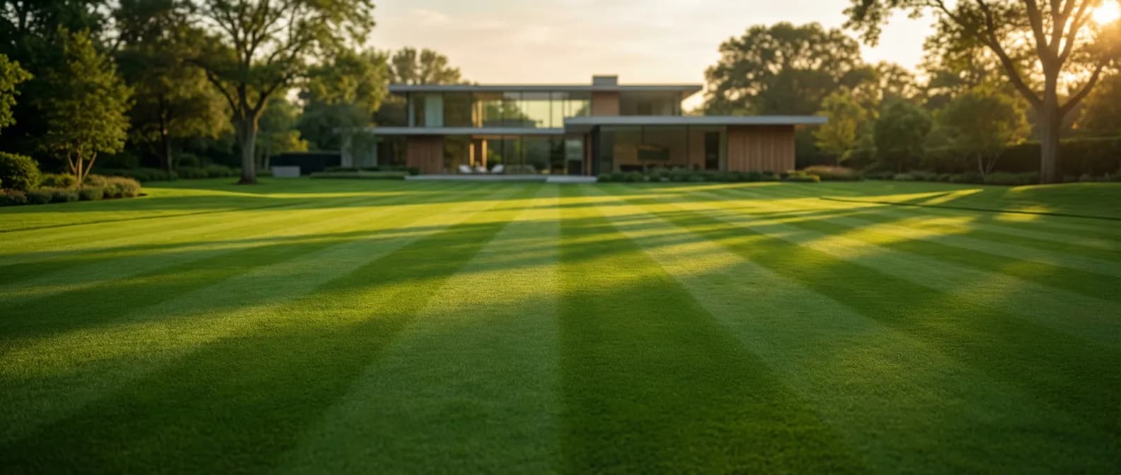 Combien de temps pour tondre 1000m2 de pelouse Vue panoramique d'une pelouse de 1000m2 parfaitement entretenue lors du coucher du soleil