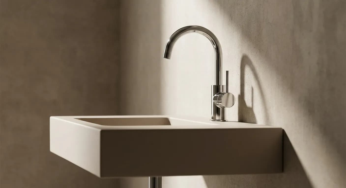 Petite salle de bain en longueur : idées d'aménagement Vasque étroite et robinetterie design pour gain de place