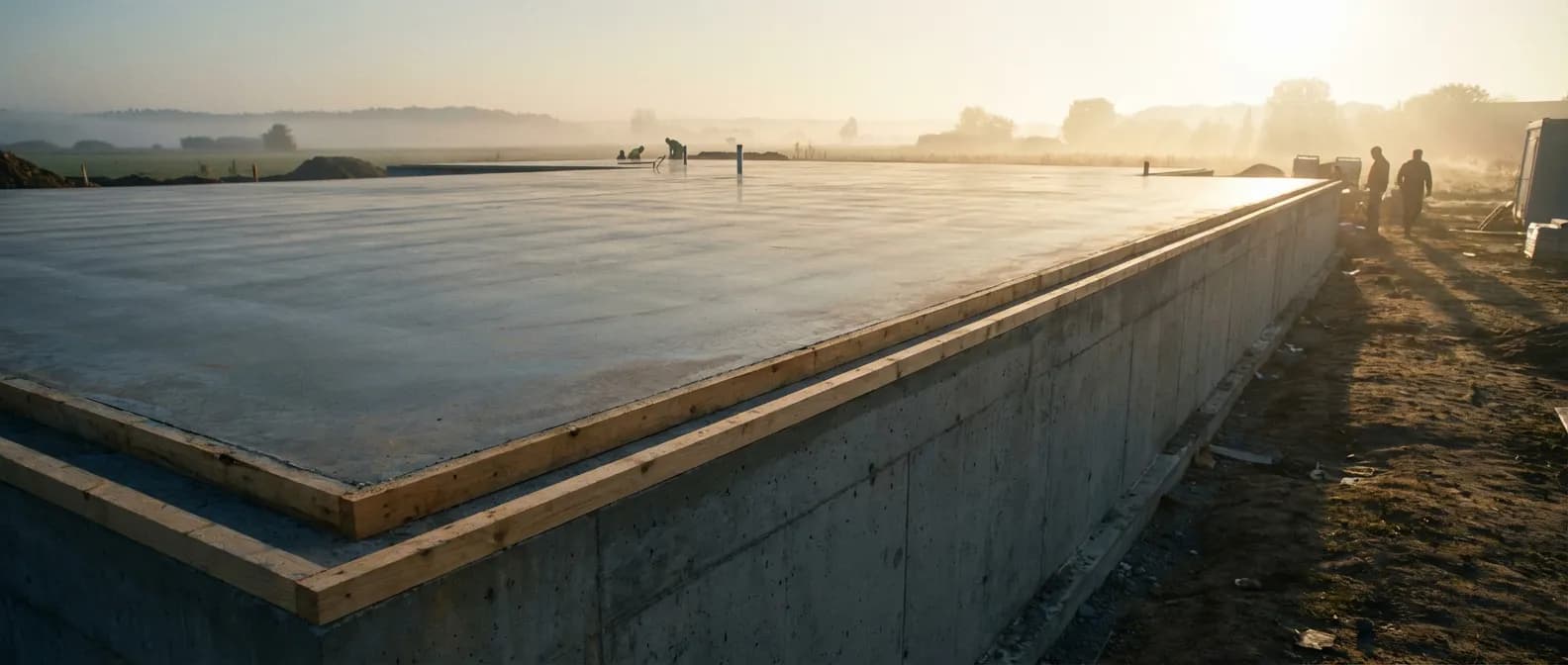 Séchage d'une dalle béton de 15 cm sous une lumière cinématique Dalle de béton de 15 cm d'épaisseur fraîchement coulée pour une maison moderne au lever du soleil.
