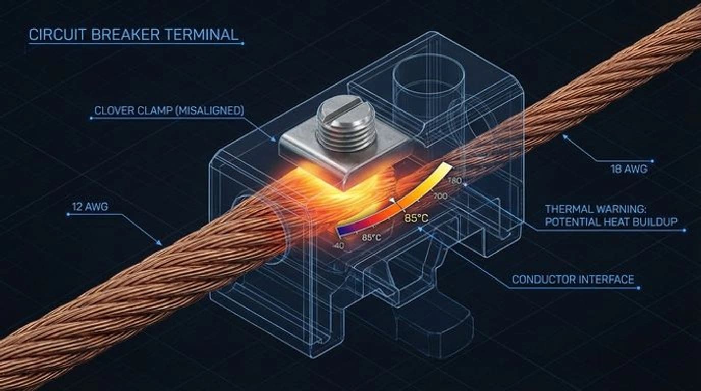 Illustration technique des risques de branchement multiple Schéma technique montrant les risques thermiques d'un double branchement sur une borne de disjoncteur.