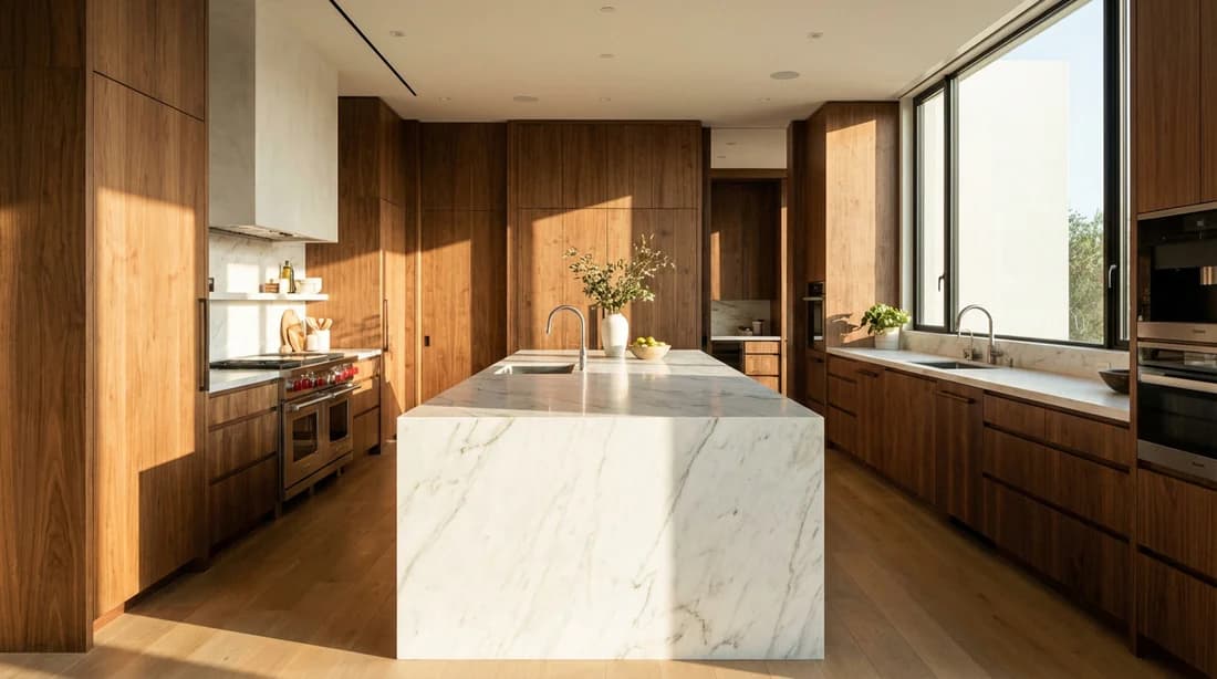 Rénovation de cuisine d'exception Cuisine moderne haut de gamme rénovée avec îlot en marbre et meubles en noyer sous une lumière naturelle