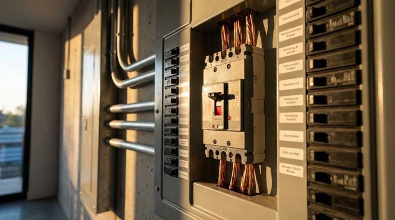 Installation électrique et disjoncteur général Vue d'ensemble cinématographique d'un disjoncteur général EDF dans un tableau électrique résidentiel moderne.