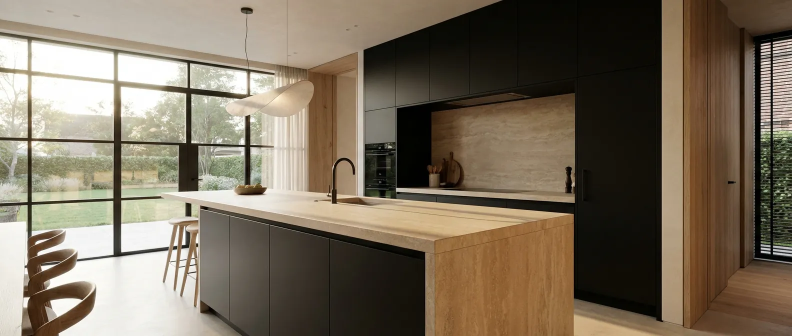 Cuisine contemporaine haut de gamme noir et beige Cuisine luxueuse design avec placards noir mat et îlot central en pierre beige