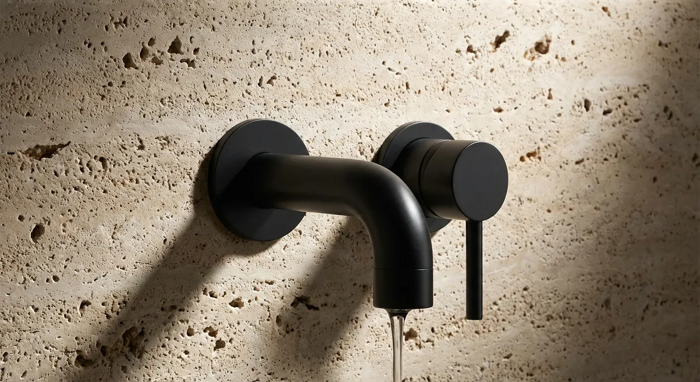 Détail minimaliste d'une robinetterie noire sur fond beige