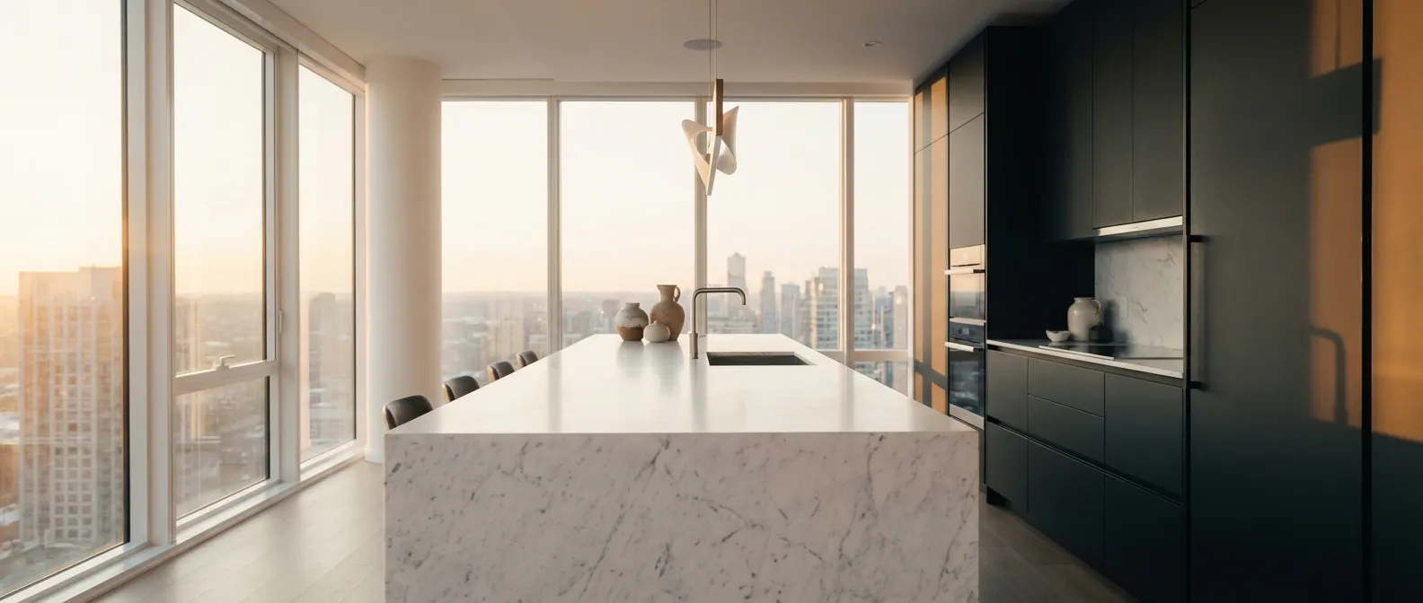 Vue panoramique d'une cuisine de luxe moderne signée Cuisines Elite avec îlot central en marbre.