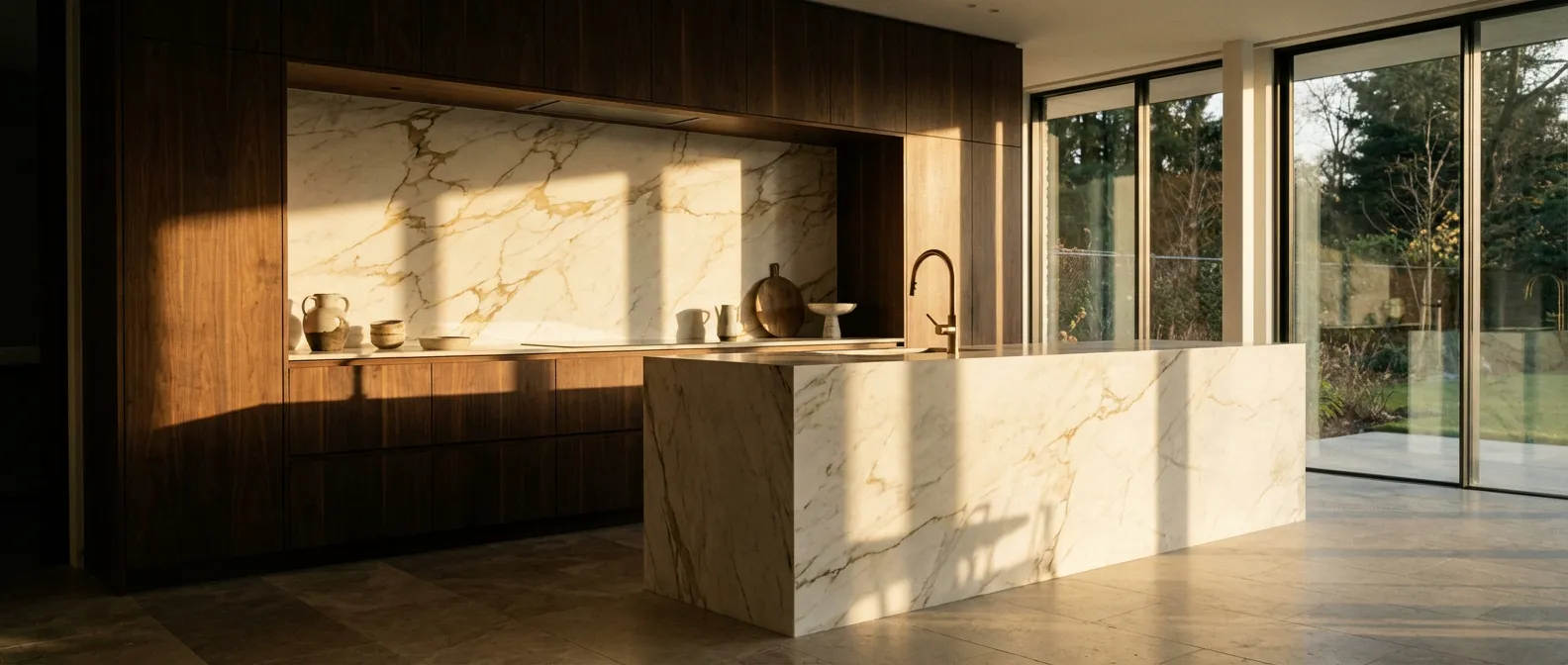 Cuisine moderne de luxe avec un alignement parfait entre les meubles et le mur