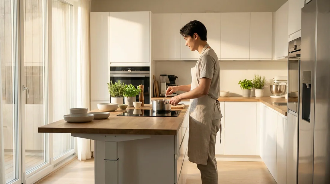 Cuisine moderne ergonomique avec une personne cuisinant confortablement le dos droit