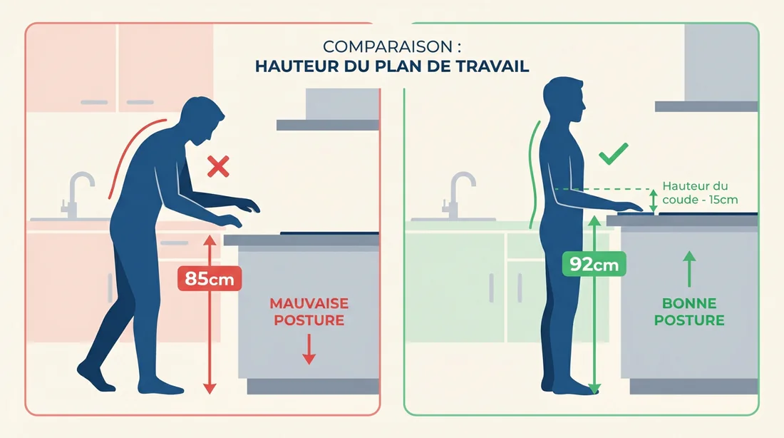 Schéma comparatif d'ergonomie montrant les hauteurs de plan de travail de 85cm et 92cm