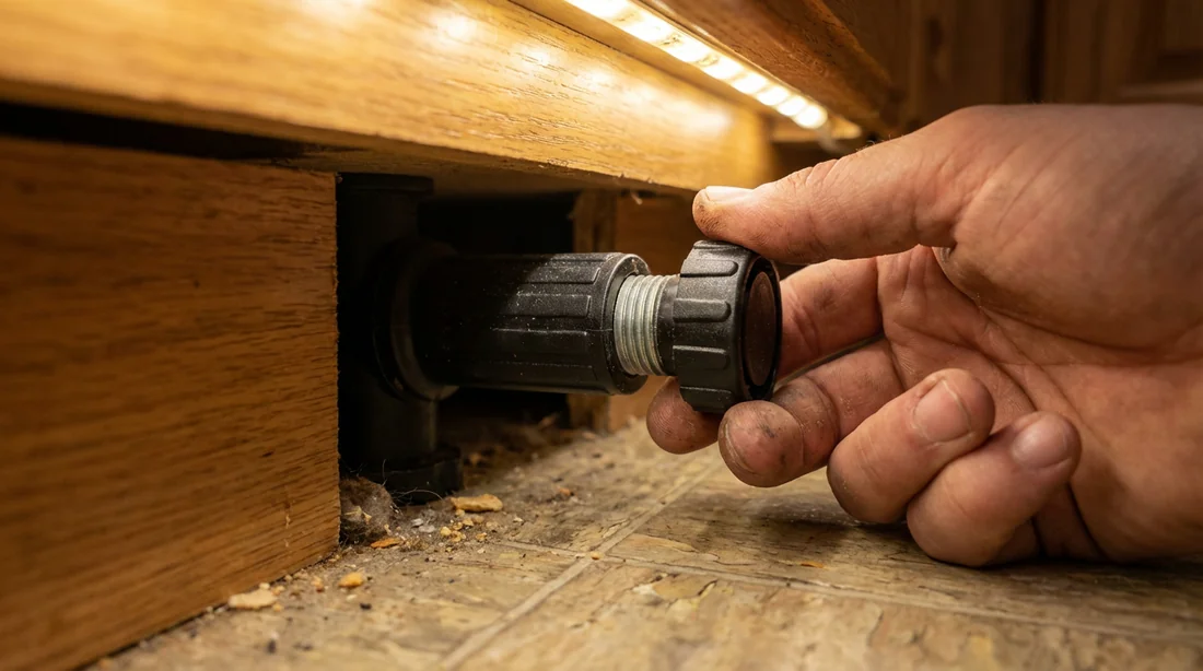 Zoom sur le réglage d'un pied de meuble de cuisine pour augmenter la hauteur