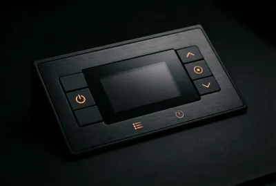 Gros plan sur l'interface de contrôle d'un poêle à granulés Ravelli