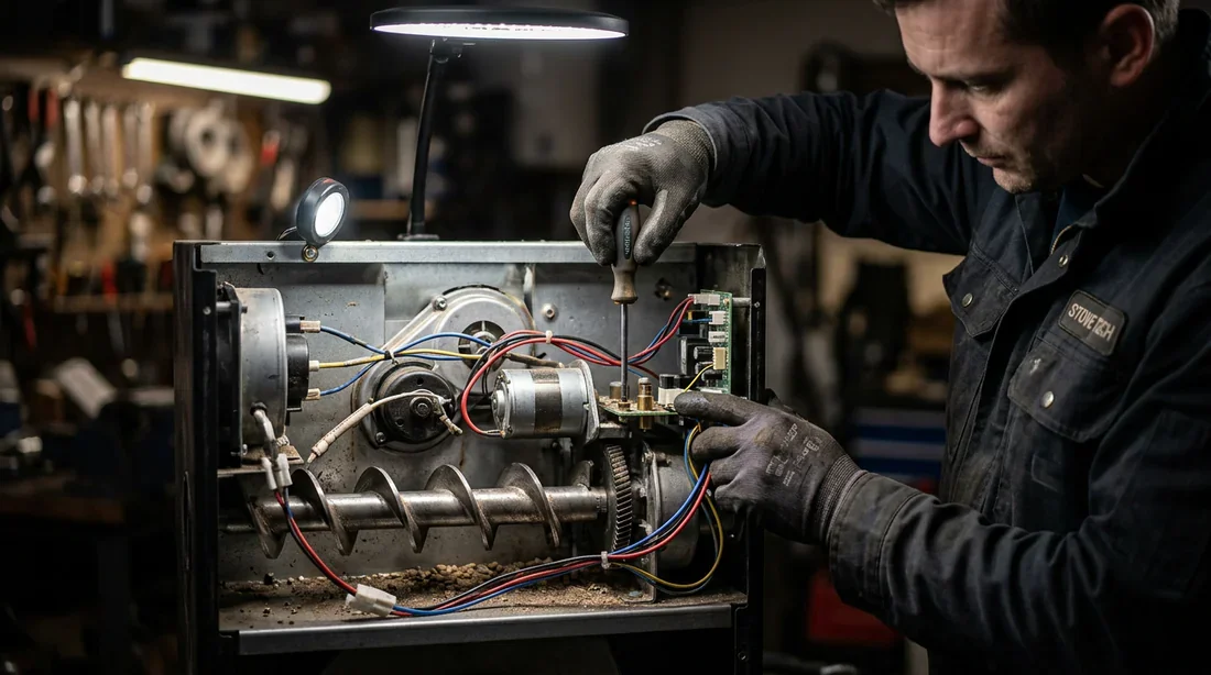 Un poêle à granulés design dans un salon élégant avec vue sur un jardin verdoyant