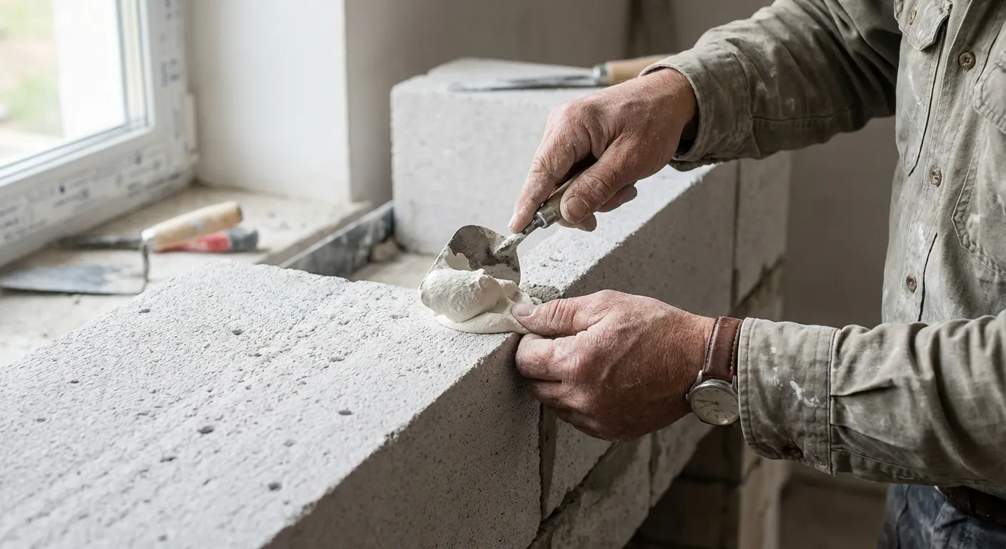 Pose de blocs de béton cellulaire pour la création d'un coffrage de cheminée