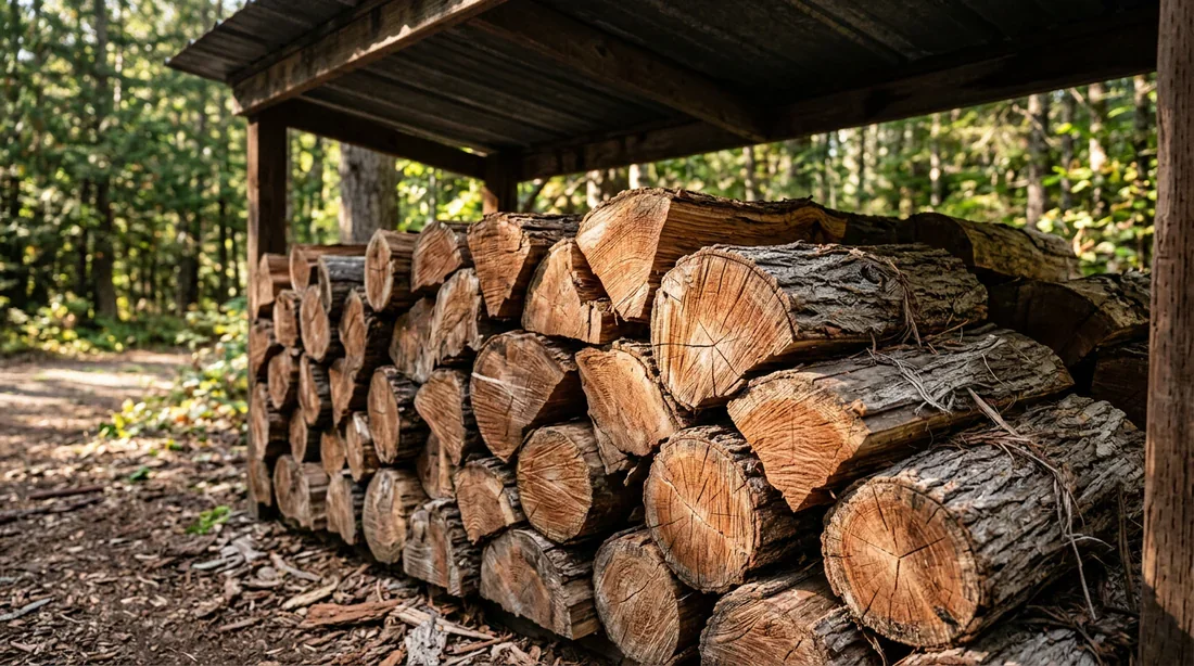 Stockage du bois de thuya Bûches de thuya séchées empilées proprement