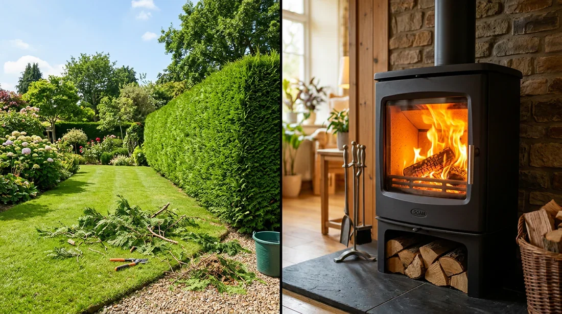 Chauffage au bois et entretien du jardin Jardin avec haie de thuya taillée et poêle à bois moderne avec un feu chaleureux