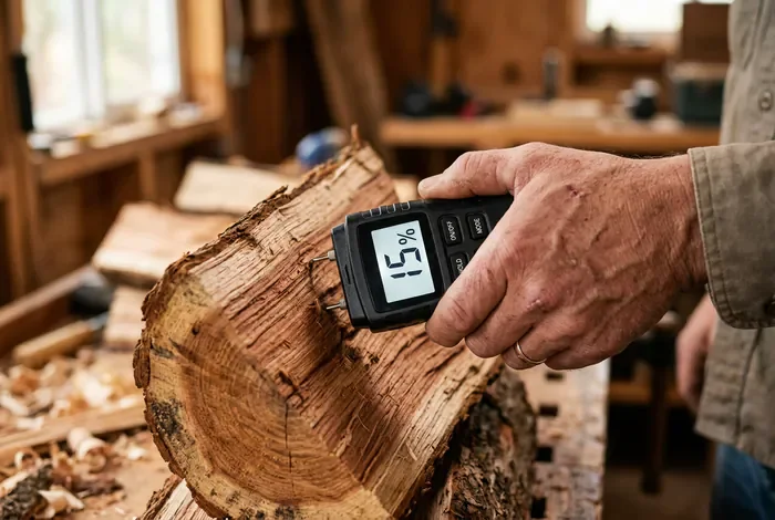 Mesure du taux d'humidité d'une bûche de bois de thuya avec un humidimètre
