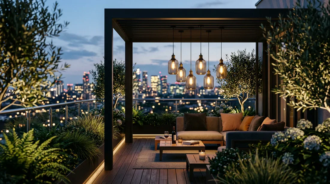 Installation élégante d'une douille E27 sans vis sur une terrasse moderne à la tombée de la nuit