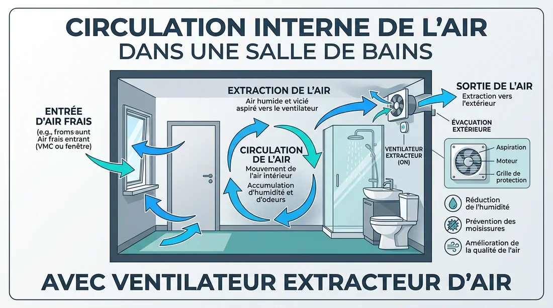 Fonctionnement de l'extraction d'air Schéma explicatif du fonctionnement de la ventilation mécanique dans une pièce d'eau